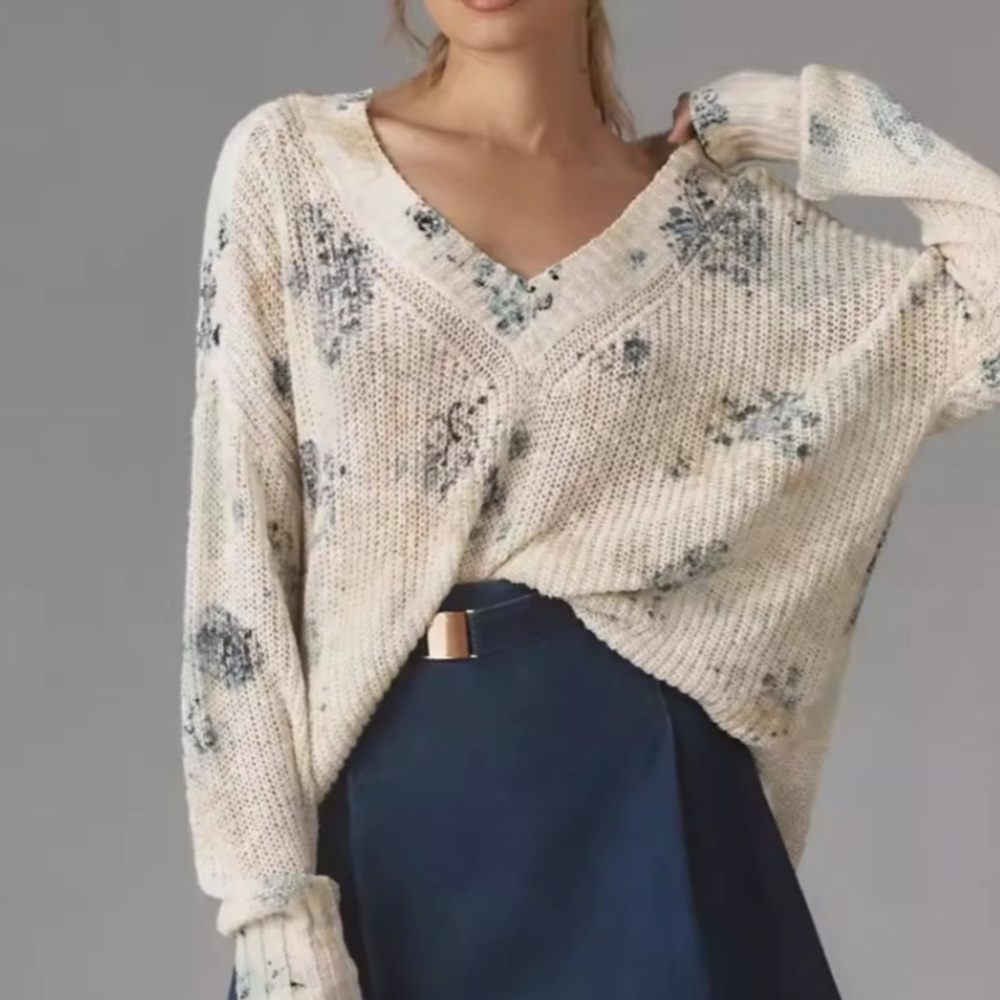 NWT Anthropologie Pilcro Slouchy V-Neck Sweater - Ivory Combo - Picture 4 of 8